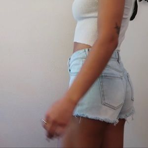 high rise light wash cut off shorts